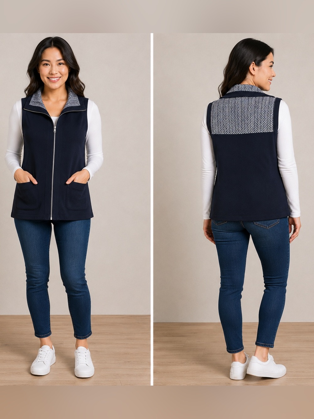 FOXCROFT Black White Chevron Zip Cardigan Sweater Vest Size Small Petite SP